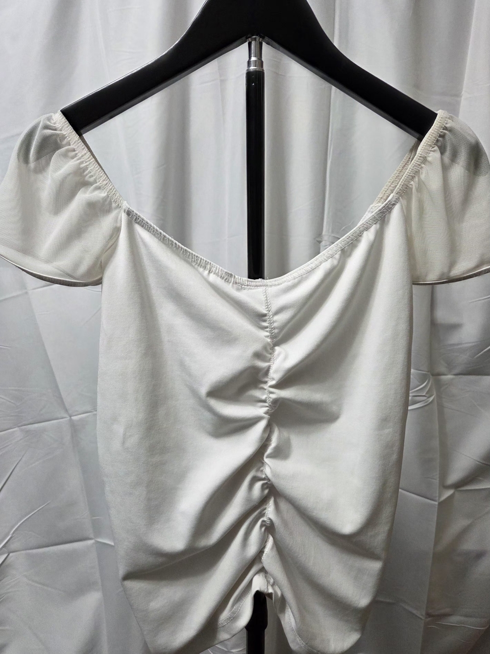 Express White Ruched Mesh Center Ruffle Milkmaid Top - M - Picture 3 of 9
